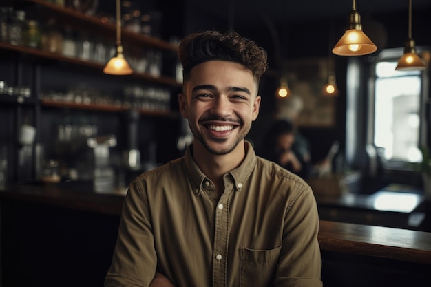 Disparo de un joven sonriendo mientras está parado en su restaurante creado con ai generativo