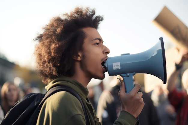 Disparo de un joven usando un megáfono durante una protesta ambiental creada con IA generativa