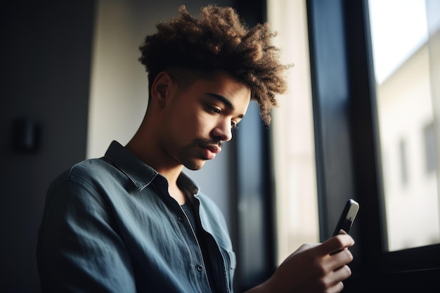 Foto disparo de un joven usando su teléfono celular en casa creado con ai generativo