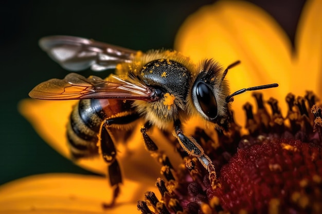 Disparo macro de abeja polinizando colorido girasol IA generativa