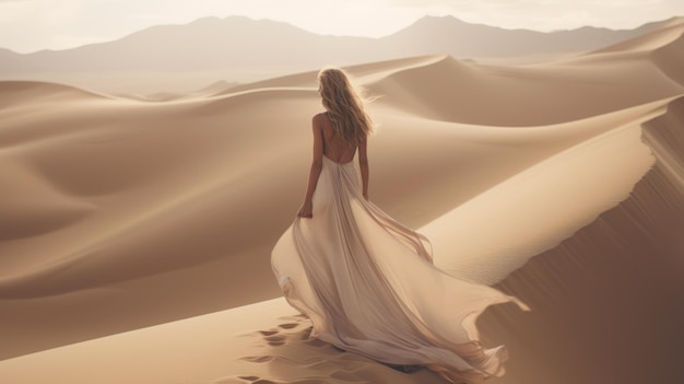 Disparo minimalista cinematográfico surrealista Mujer en las dunas