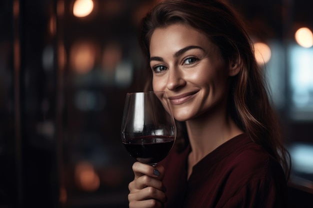 Foto disparo de una mujer atractiva disfrutando de una copa de vino tinto creada con ai generativo