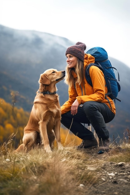 Disparo de una mujer atractiva haciendo senderismo en las montañas con su perro creado con ai generativo