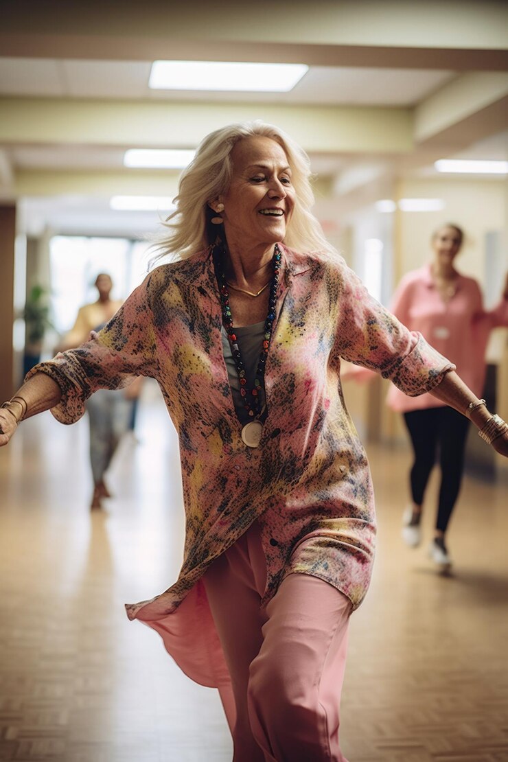 Disparo de una mujer bailando en un centro de salud para personas mayores creado con inteligencia artificial generativa
