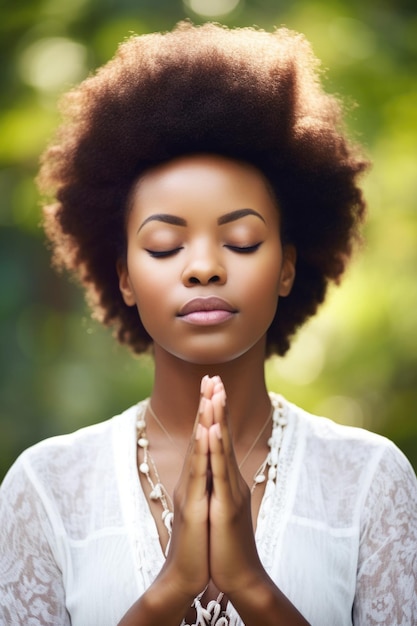 Disparo de una mujer joven meditando en la naturaleza creada con ai generativo