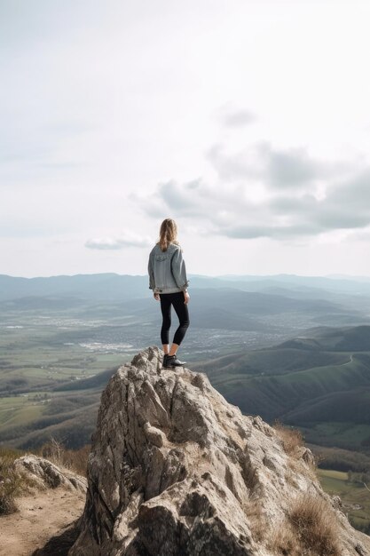 Disparo de una mujer joven de pie en la cima de una montaña creada con IA generativa