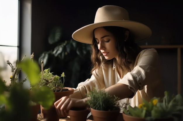 Disparo de una mujer joven que atiende algunas plantas creadas con ai generativo