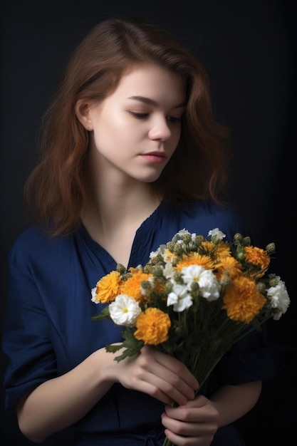 Disparo de una mujer joven sosteniendo flores en el estudio creado con ai generativo