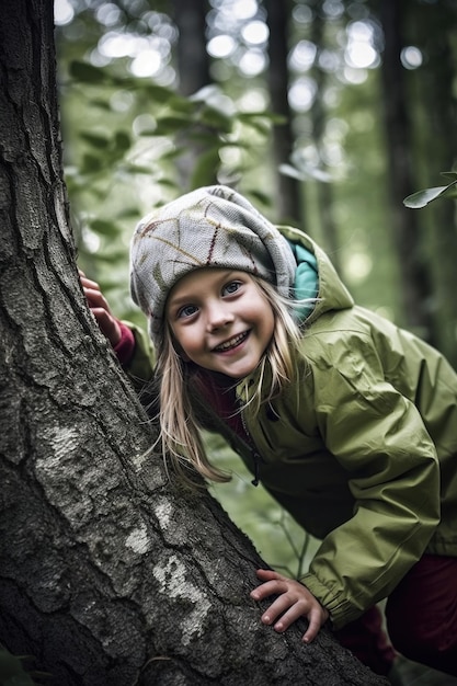 Disparo de una niña divirtiéndose jugando en el bosque creado con ai generativo