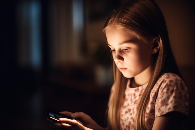 Disparo de una niña usando un teléfono inteligente para enviar mensajes de texto creados con ai generativa