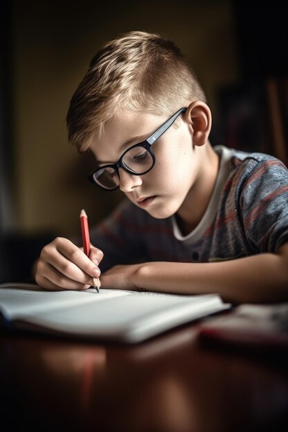 Disparo de un niño haciendo su tarea en casa creado con ai generativo