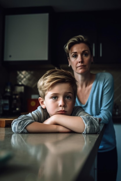 Foto disparo de un niño sentado en el mostrador de la cocina con su madre creado con ai generativo