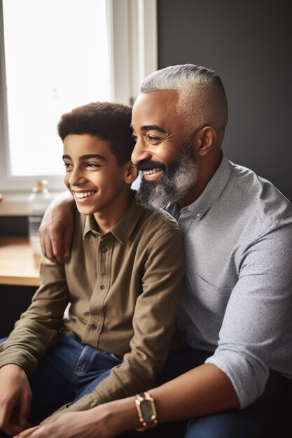 Foto disparo de un niño y su padre disfrutando de un tiempo juntos en casa creado con ai generativo