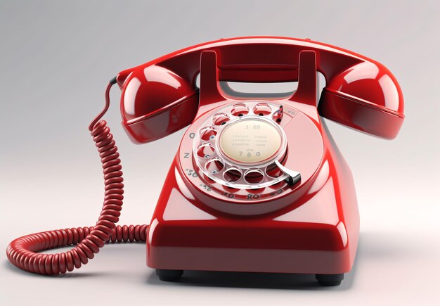 Disparo a nivel de los ojos de un teléfono rojo retro británico alrededor de 1960 a 1970 en un escritorio de chapa de madera clara o