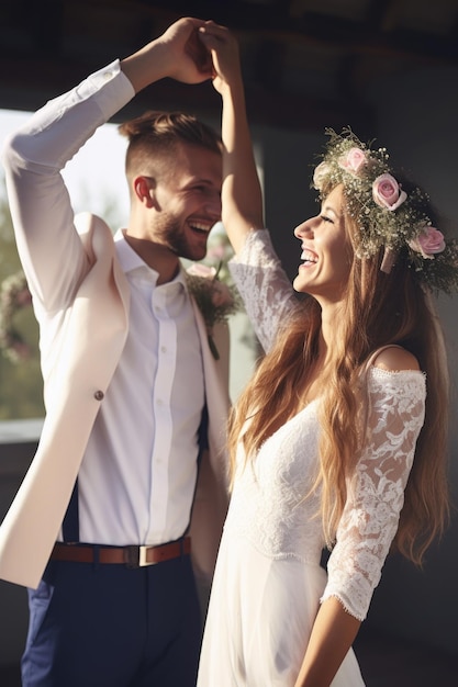 Disparo de una novia y un novio jóvenes celebrando el día de su boda creado con ai generativo