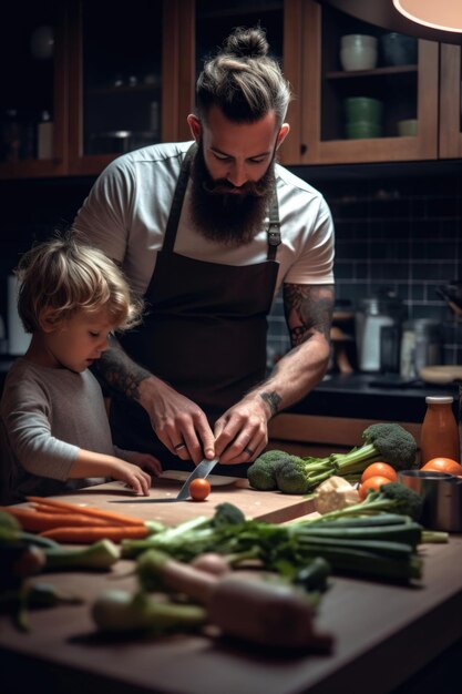 Disparo de un padre joven cortando verduras en el mostrador de la cocina creado con ai generativo