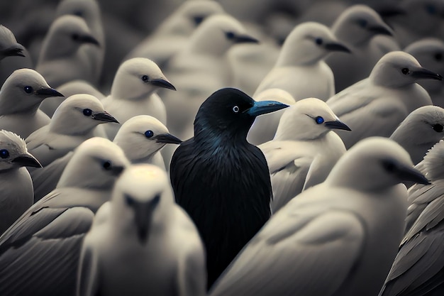 Disparo de un pájaro negro entre el grupo de pájaros blancos IA generativa