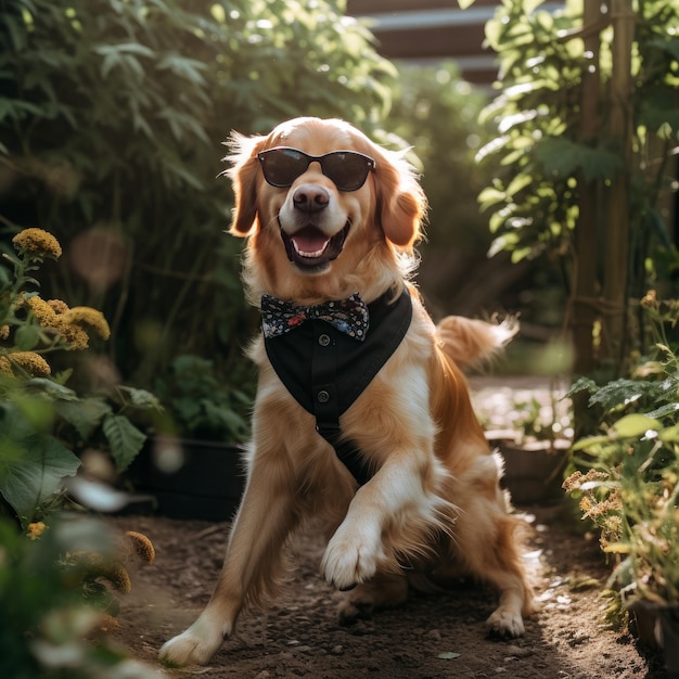 Disparo de perro Golden Retriever en geniales gafas negras IA generativa
