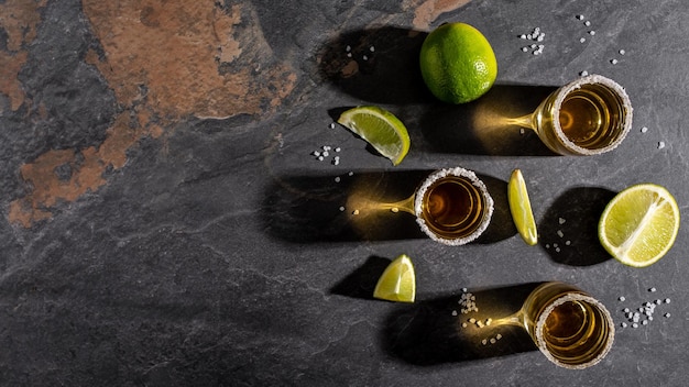 Disparo de tequila con limón y sal marina en el espacio de fondo de piedra para el concepto de texto bebida de lujo Concepto de bebida alcohólica Bebida nacional mexicana Formato de banner largo