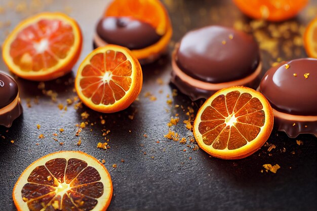 Disparo vertical de deliciosa ralladura de naranja fresca con chocolate 3d ilustrado