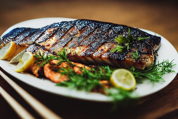 Disparo vertical de deliciosa y sabrosa parrillada con aderezo de verduras lubina ilustrada en 3d