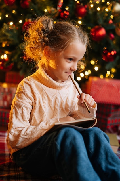 Disparo vertical de una encantadora niñita rubia soñando escribiendo una carta a Santa Claus sentada en el suelo sobre el fondo del árbol de Navidad y cajas de regalo