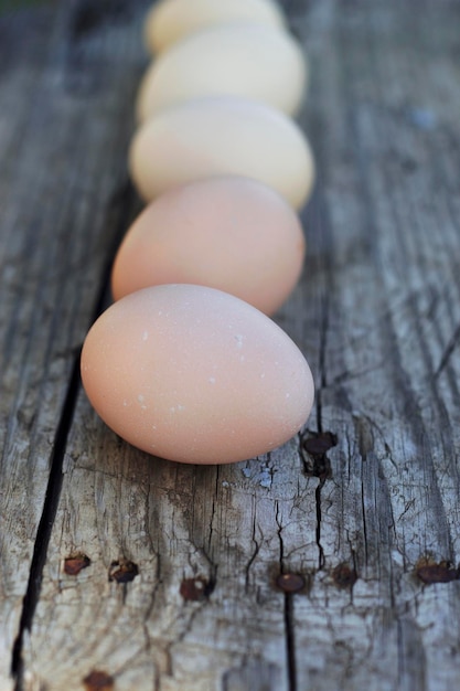 disparo vertical con huevos de granja orgánicos sobre mesa de madera