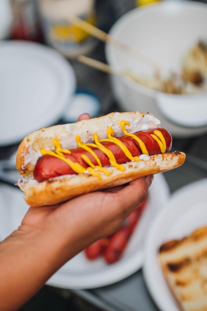 Disparo vertical de una mano de mujer sosteniendo un hot dog con ketchup rociado y mostaza