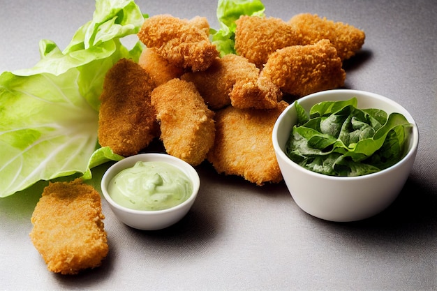 Disparo vertical de nugget de pollo delicioso con verduras frescas y salsa 3d ilustrado