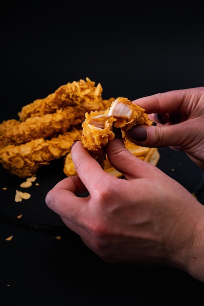 Disparo vertical de una persona comiendo delicioso pollo frito