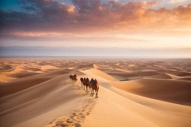 disparo vertical de personas montando camellos en una duna de arena en el desierto