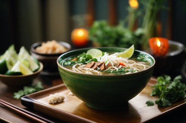 Disparo vertical de sopa pho bo con palos en el arco