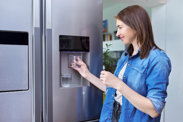 Foto dispensador de agua mujer tomando agua fría en un vaso del refrigerador de casa