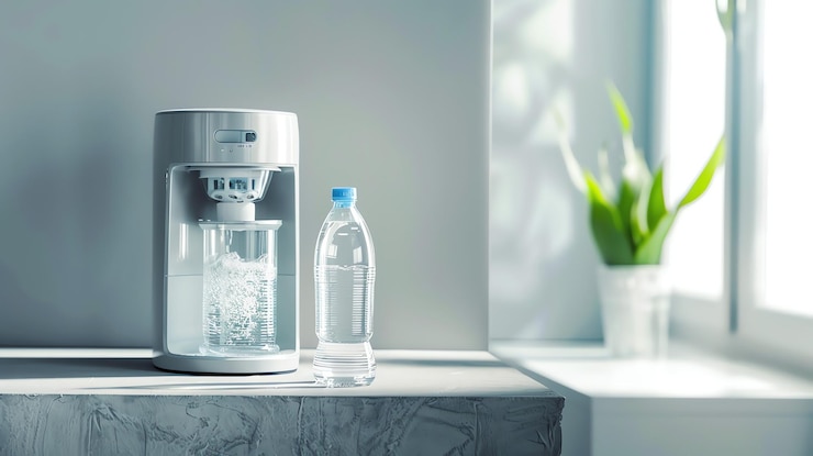 un dispensador de agua con una planta en el fondo