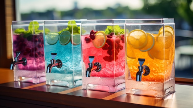 Dispensador de jugo de frutas fresco de verano para bebidas refrescantes refrigeradas en envases multicolores