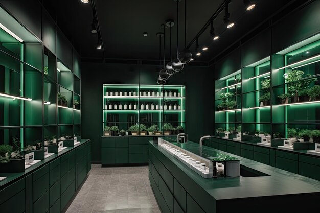 Dispensário moderno verde e exuberante com design minimalista elegante