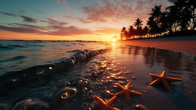 La dispersión de estrellas de mar en el fondo marino arenoso revela una isla con playa y palmeras besadas por una puesta de sol