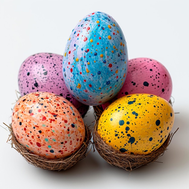 Foto una dispersión de huevos de pascua sobre un fondo blanco la fiesta sagrada de la pascua imagen generada por la ia