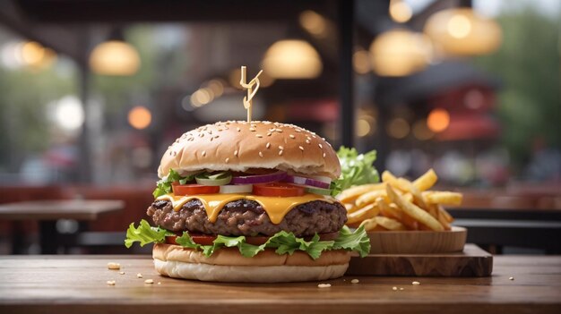 Display-Burger mit Patty, geschmolzenem Käsegemüse und vielen Zutaten, leckerer Cheeseburger-Hamburger