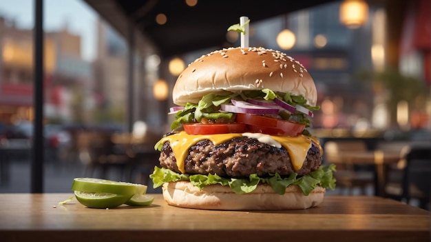 Display-Burger mit Patty, geschmolzenem Käsegemüse und vielen Zutaten, leckerer Cheeseburger-Hamburger