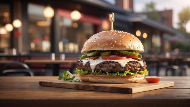 Display-Burger mit Patty, geschmolzenem Käsegemüse und vielen Zutaten, leckerer Cheeseburger-Hamburger