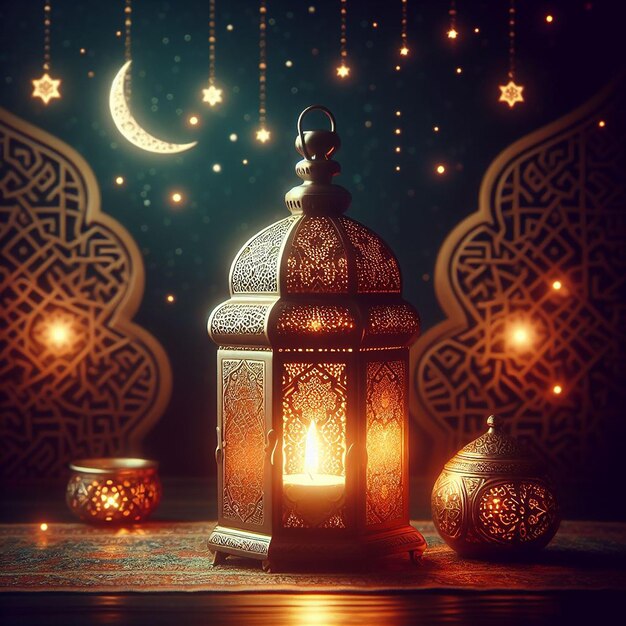 Display-Podium mit Ramadan-Lampe, Metallmond und Moschee-Portal Kalligraphie Eid Mubarak