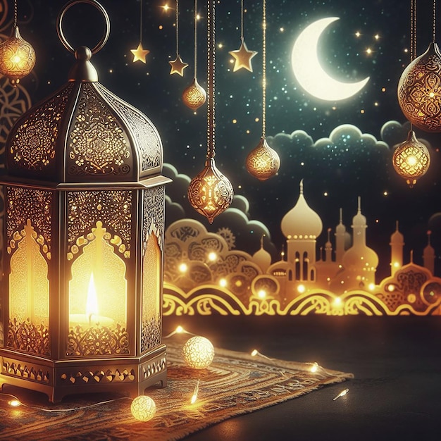 Display-Podium mit Ramadan-Lampe, Metallmond und Moschee-Portal Kalligraphie Eid Mubarak