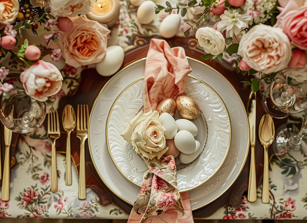 Disposição da mesa de Páscoa com ovos pintados flores de primavera e louça