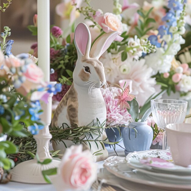 Disposição da mesa de Páscoa com ovos pintados flores de primavera e louça