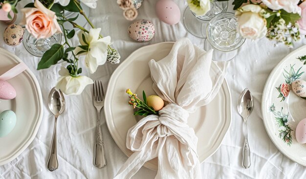 Disposição da mesa de Páscoa com ovos pintados flores de primavera e louça