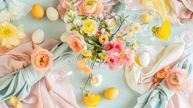 Disposição da mesa de Páscoa com ovos pintados flores de primavera e louça