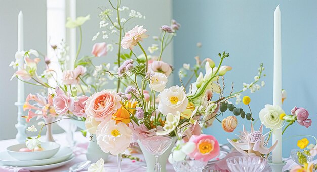 Disposição da mesa de Páscoa com ovos pintados flores de primavera e louça