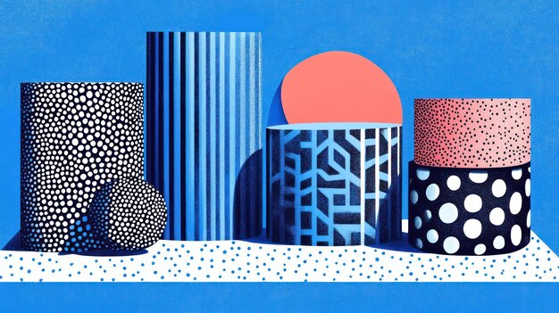Disposición abstracta de formas geométricas con patrones contra un fondo azul