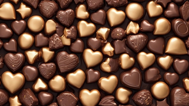 disposición aleatoria de oro y chocolate en forma de corazón y círculo